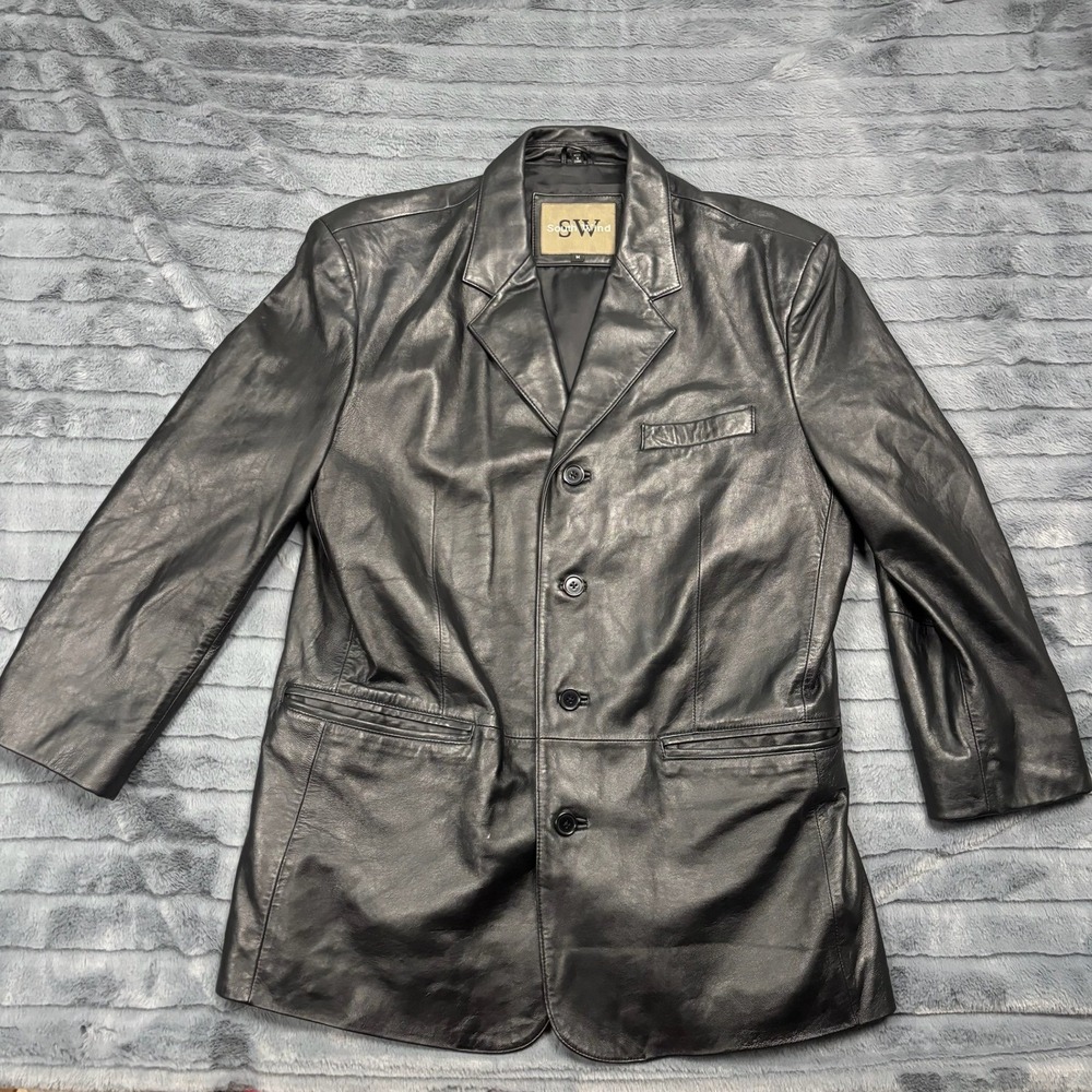 South Wind Mens Black Genuine Leather 4 Button Blazer Jacket Size M RN 92650